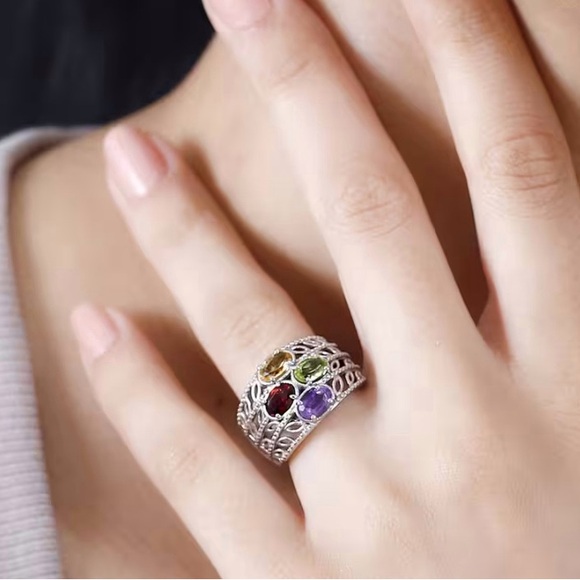 Multi Gemstone in Platinum Plated Ring - Picture 3 of 8